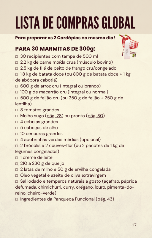 Lista de compras global para preparar os dois cardápios